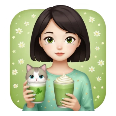 asian girl with shoart dark brown hair with a soft girl glowup aesthetic. matcha latte sparkles girly things, 2 ragdoll cats, skincare, makeup sticker
