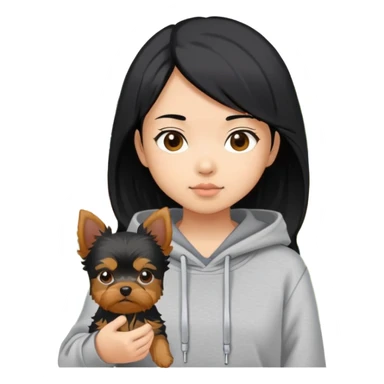a black-haired asian girl wearing a grey hoodie with a yorkie in a yard sticker