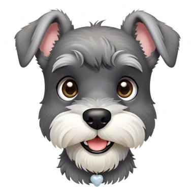 Cinematic Cute Miniature Schnauzer Portrait Emoji, Head cheerfully cocked with expressive, twinkling eyes and a neatly trimmed, adorable salt-and-pepper fur, simplified yet endearingly detailed, glowing with a bright, friendly radiance, high shine, exuding smart and spunky charm, styled with a delicate, whimsical outline, capturing the essence of a cute Miniature Schnauzer that appears ready to scamper off the screen with delightful energy! sticker
