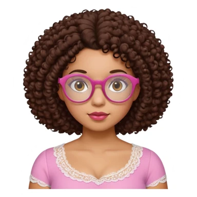 medium-light kinned afro-latina girl with medium length chocolate brown side part curly hair, brown glasses, brown eyes, pink and white sweetheart necklined top with lace, round wide-ish nose, chubby oblong face sticker