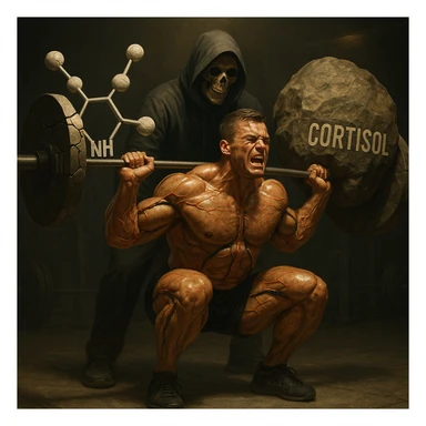 hyperrealistic scene of a muscular male bodybuilder squatting with a barbell loaded with cracked serotonin molecules and large boulders labeled 'cortisol', veins visibly pumping oil instead of blood, spotter behind him is Death disguised as a coach, dramatic lighting, detailed, symbolic, emotional realism sticker
