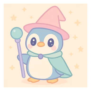 a penguin dressed as a wizard, with a pointy hat and a magic staff, in a fun and whimsical style sticker