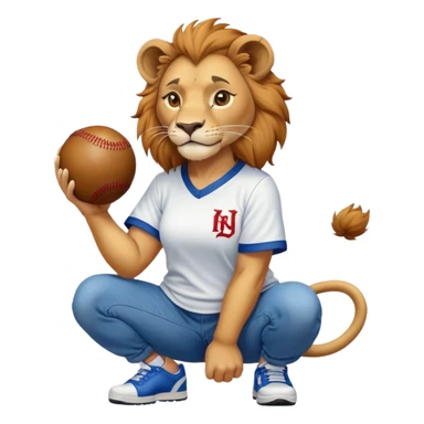 confident anthropomorphised female lion wearing a baseball shirt, jeans, and trainers, squatting and lifting an object sticker