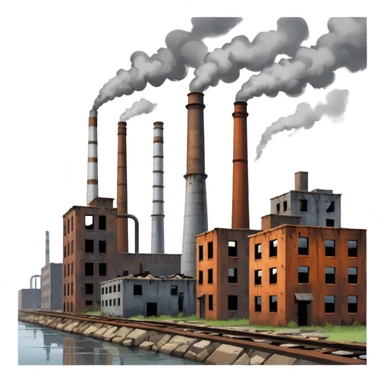 run-down industrial cityscape with smokestacks, crumbling factories, gray sky, rust belt region near Lake Erie sticker
