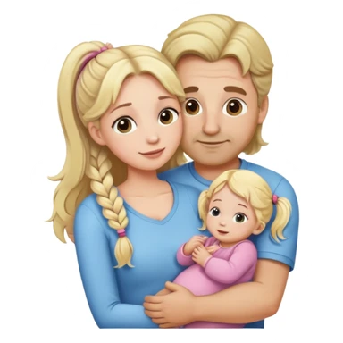 Cute family the mom with blonde long wavy hair, the doughter with blonde two pigtails, the baby and the father with brown short hair hugging each other sticker