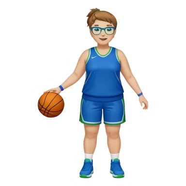 Full Body plus size white female basketball player with short light brown hair with carm highlights spike hair wearing blue glasses  wearing blue green uniform  green sneakers smiling l sticker