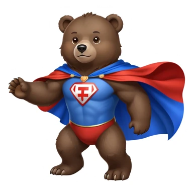 Medium-dark brown bear on four legs with Russian flag as a flowing cape, white, blue and red cloth draped over its back like a superhero cape sticker