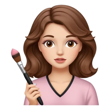 Chica blanca con el cabello de color castaño y ondulado, aplicándose rubor con una brocha de maquillaje en la mano sticker