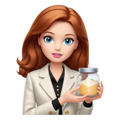 A Barbie girl with blue eyes, shoulder-length reddish-brown hair with makeup, wearing a white tweed jacket and a black skirt stands with a jar of cream sticker