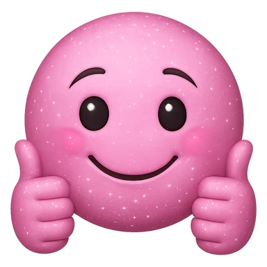 Make the pink glittery smiley face giving two thumbs up look less creepy and more friendly, with a gentle smile and kind eyes. Keep the glitter and pink color. No background. The style is a pink glittery emoji with glitter and thumbs up. sticker