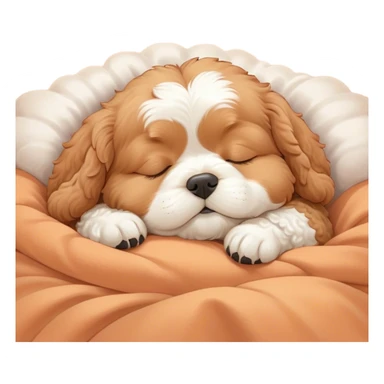 Cinematic Chubby Sleeping Cavoodle Portrait Emoji, Chubby and serene, with a round, cuddly build and a soft, curly apricot coat with subtle white patches, eyes gently closed in peaceful slumber, Simplified yet irresistibly endearing features, highly detailed, glowing with a gentle, dreamy glow, high shine, relaxed and content, stylized with a touch of whimsy, bright and heartwarming, soft glowing outline, capturing the essence of a blissfully sleepy companion, so comically serene it feels like it could roll out of the screen and snore with adorable charm! sticker