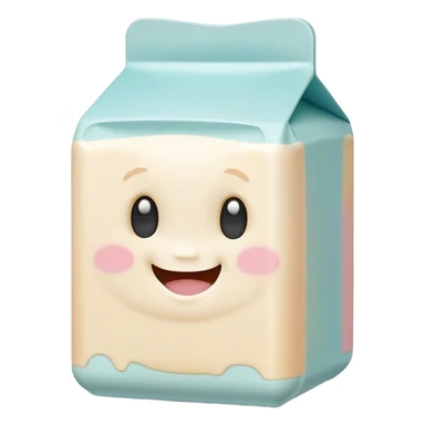 Cinematic adorable milk carton, soft pastel colors, tiny rounded edges, chubby smiling face, warm glowing highlights, gently tilting in a playful pose. sticker