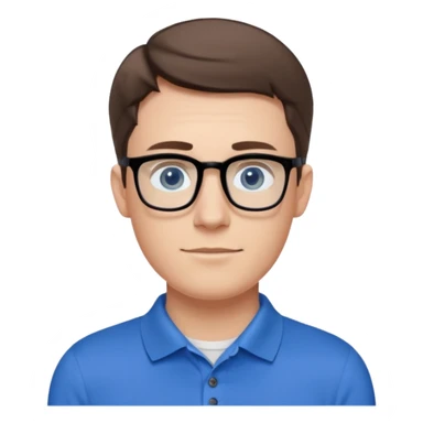 Scott The WozYoung white man, late 20s, short brown hair, blue eyes, clean-shaven, thin black rectangular glasses, slim build, wearing a blue polo shirt, friendly and energetic look. sticker