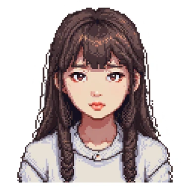 Asian girl with thin bangs, long hair, round eyes without double eyelids, pixel art style sticker