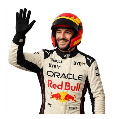 Formula 1 driver waving to fans, wearing racing gear, friendly expression sticker