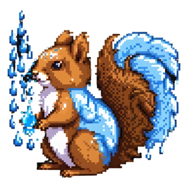 Pixel art squirrel with distinct brown fur, bushy tail, and obvious blue drool dripping from mouth in multiple pixel droplets sticker