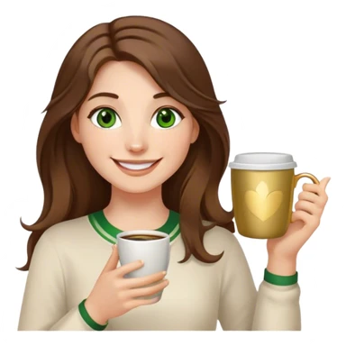 Long, Brown haired girl with middle hair part, green eyes, gold hoop nose ring, smiling, waving with one hand, coffee mug in the other sticker