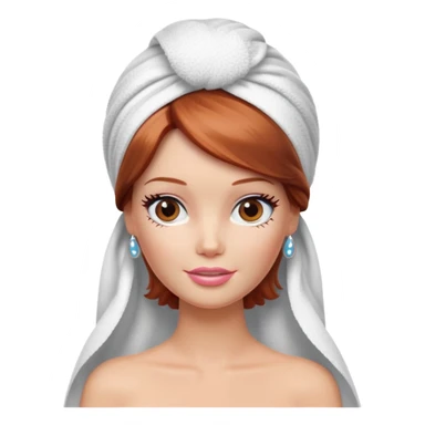 A Barbie face with shoulder-length reddish brown hair, makeup with cream on her face and a towel on her head sticker
