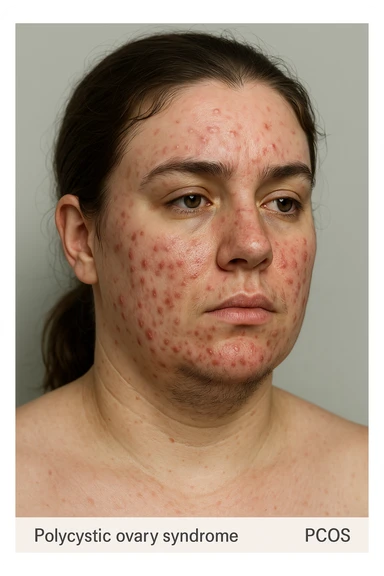 realistic 3D medical portrait of a woman with polycystic ovary syndrome (PCOS), evident acne and hair under chin, clinical style, anatomical details, aspect ratio 2:3 sticker