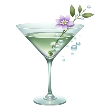 Minimalist spring aesthetic in muted sage green palette, elegant martini glass centerpiece, soft sunlight, floating bubbles, dainty white and lilac flowers, fresh leaves, glossy clean textures, modern iOS 18 style, soft gradients, airy negative space, ultra clean, calming pastel tones, 4k sticker