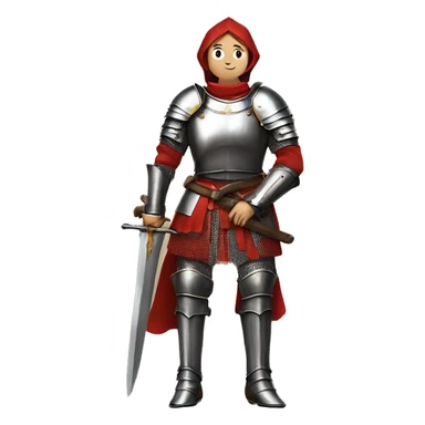 Joan of arc in medieval armor kneels, looking upward, with hands resting on a large sword. They're dressed in a red garment under the armor. sticker