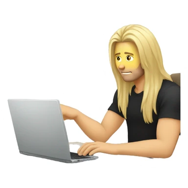 White man long hair on arms looking at a laptop sticker