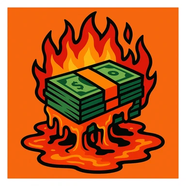 a stack of cash on fire, turning into molten lava, dynamic, bold sticker
