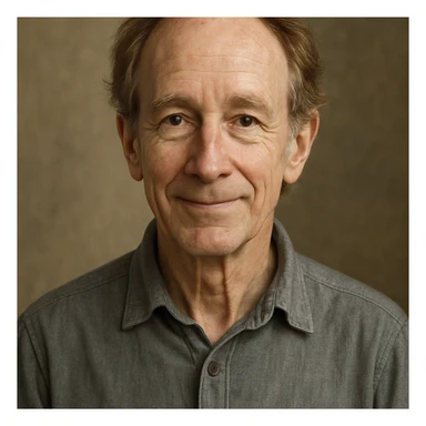 bust portrait of a slender older man with graying red hair, brown eyes, friendly expression sticker