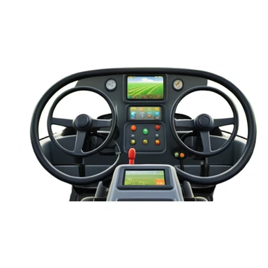 a view from the tractor cabin, with the dashboard in focus, overlooking a vibrant rural landscape. Inspired by Farming Simulator 22, the scene includes fields, crops, and distant barns under a bright sky. The design highlights the immersive experience of farm management. transparent background sticker