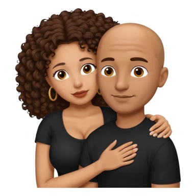 A mixed girl, the girl is wearing a black shirt, the girl has brown curly hair  and the girl has big boobs. A Mexican man is embracing her, with bald hair and clean shaven sticker