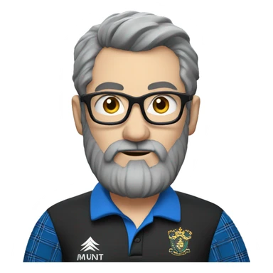 scottish dart player in Black polo with blue plaid sleeves. Dark and Grey hair, Beard around mouth and glasses sticker
