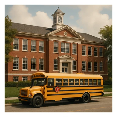 classic style school building with a yellow bus in front sticker