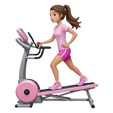 girl with wavy long ponytail brown hair, brown eyes, light to medium complexion, long lashes, light pink lipstick, wearing light pink shirt, on a stairstepper workout machine sticker