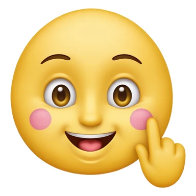 cute, playful emoji character inspired by the 🙃 upside-down face style. Rounded yellow face, big expressive eyes, cheerful smile with mouth slightly open. One hand raised with a finger gently touching the inside of the mouth in a thinking / cheeky gesture (not sexual). sticker