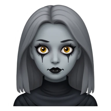 woman with gray skin and white eyes and a creepy face sticker
