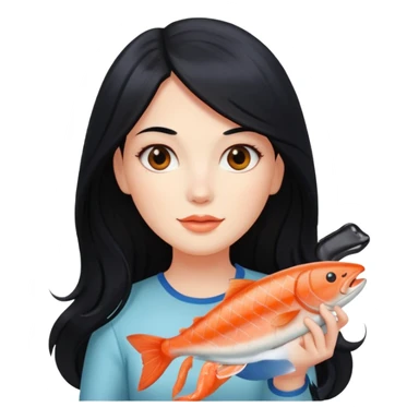 White lady with long black hair and a round face holding a salmon  sticker