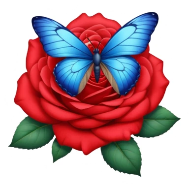 Realistic, detailed curled soft petals  red rose, blue butterfly sticker