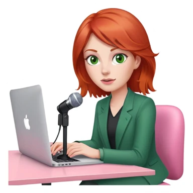 Red head green eyed woman sat at desk with MacBook, microphone and iPhone sat on a pink desk chair  sticker