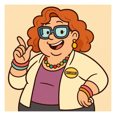 fun high school female counselor, curly red shoulder-length hair, blue glasses, overweight, playful grin, relaxed pose, colorful accessories sticker