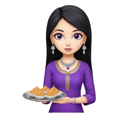 a pretty bratz girl with straight black hair, wearing a purple kurti, silver jhumkas, eyeliner, carrying a plate of momos sticker