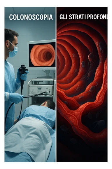 A split-screen medical illustration in cinematic style: on the left side, a doctor performing a colonoscopy on a patient in a sterile clinic, with the endoscopic camera displaying clean, healthy mucosal surfaces on a screen. On the right side, a symbolic cross-section of the same intestine — but shown in deeper layers beneath the surface, where parasitic organisms (small, translucent or shadowy figures) hide between folds and tissues not visible via standard scope. The contrast is clear: what is seen vs. what remains hidden. Lighting on the left is bright, sterile, clinical; lighting on the right is darker, with red and blue tones to suggest inflammation and invasion. Shot in hyper-realistic 3D medical style, educational but emotionally charged IN ITALIANO sticker
