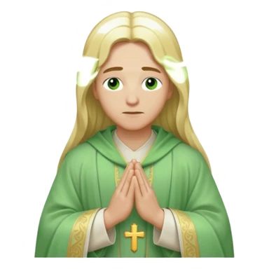 a young bishop, green eyes, long blonde hair, light green wide, flowing outer robe. hands clasped together, eys closed. Soft light, subtle fern. Waist-up, profile. sticker