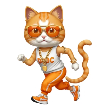 female cat wearing Run DMC hip-hop outfit, gold chains, dark sunglasses, jogging sticker
