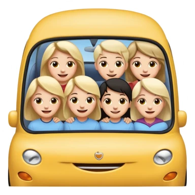 a small car with large side windows, five people (mixed genders) smiling and sticking their heads out of the side windows, head sizes moderate, clearly showing five happy and cute faces, in apple standard emoji style sticker