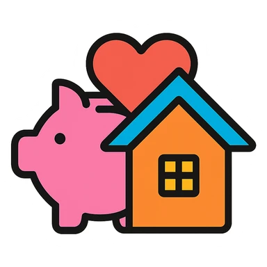 unified icon showing piggy bank, heart, and house merged together, representing future savings, wants, and needs, clean colorful outline style sticker