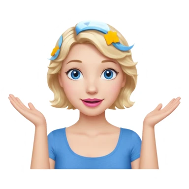 Girl Blonde short wavy hair,  blue eyes, cute blue top, long lashes, pink lips, smiling, shrugging hands raised sticker