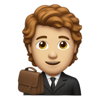 man in black suit with brown locks and work bag sticker