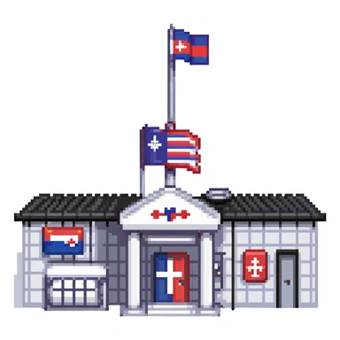 Hospital building with Thai flag on flagpole, medical cross symbol, red white blue striped flag of Thailand sticker