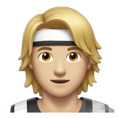 a 17-year-old boy with long, dark hair cut in a bob", with a black sports bandage on his forehead. Light mustache on his face  sticker