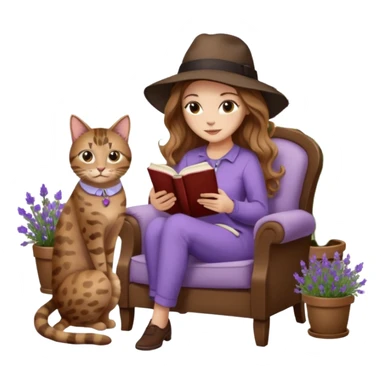detailed emoji of a woman with long light brown wavy hair and light brown eyes reading a book, sitting on a comfortable reading chair, with a black cat and a brown spotted cat beside her, small table next to the chair with a coffee cup on it, in a garden filled with lavender flowers sticker